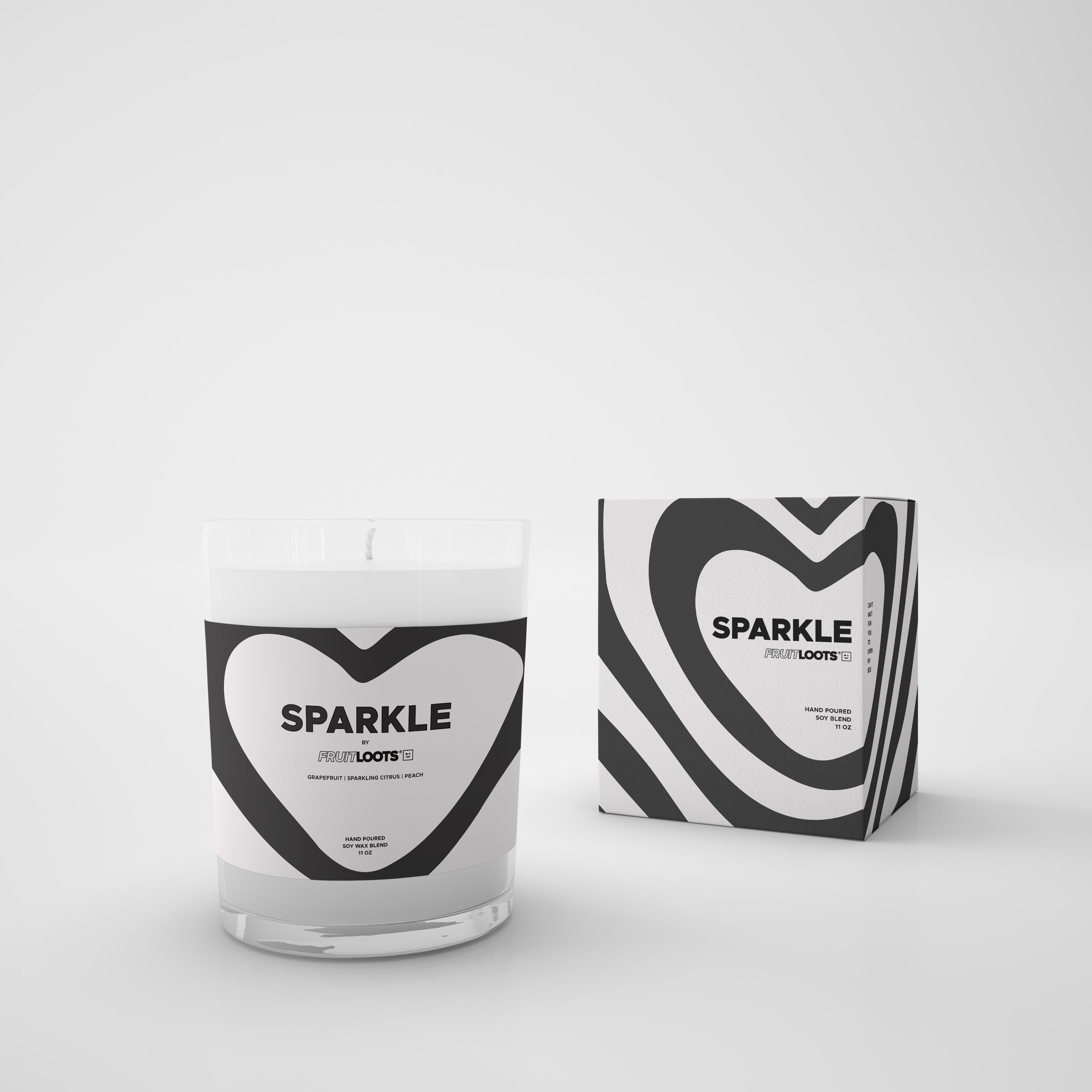 Fruitloots Sparkle Candle in modern black and white packaging