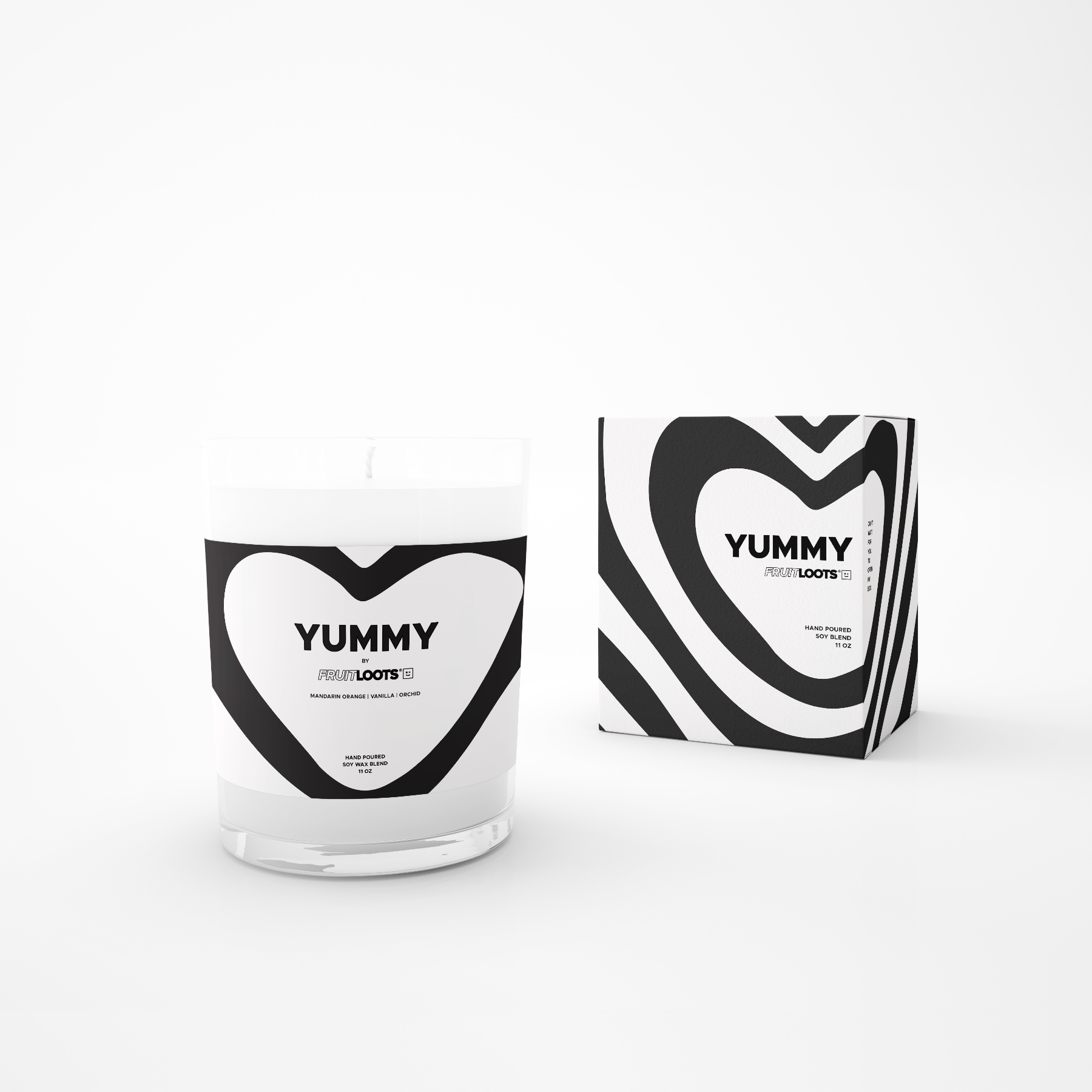 Yummy Candle features a clear vase with black and white modern heart design. Box replicates the heart pattern on the front. All black and white modern design. 11 oz, hand poured in West Hollywood, CA. Soy/Wax Blend.