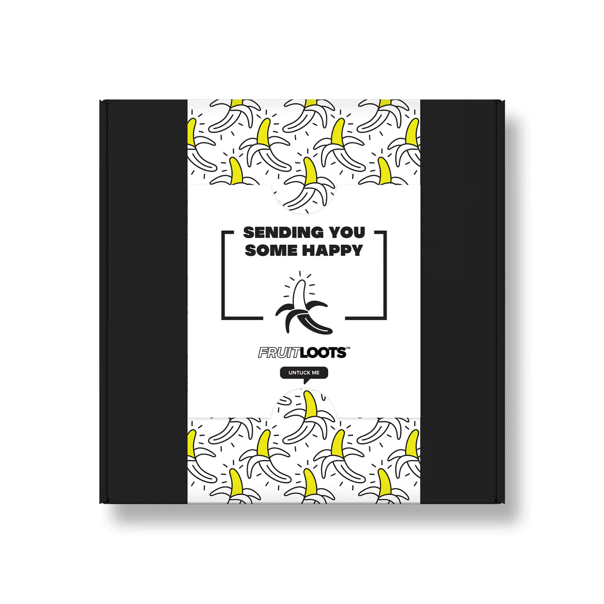 Happy Vibes Gift Wrap features a black, white and yellow sleeve with graphic modern banana. Front card says "Sending you some happy"