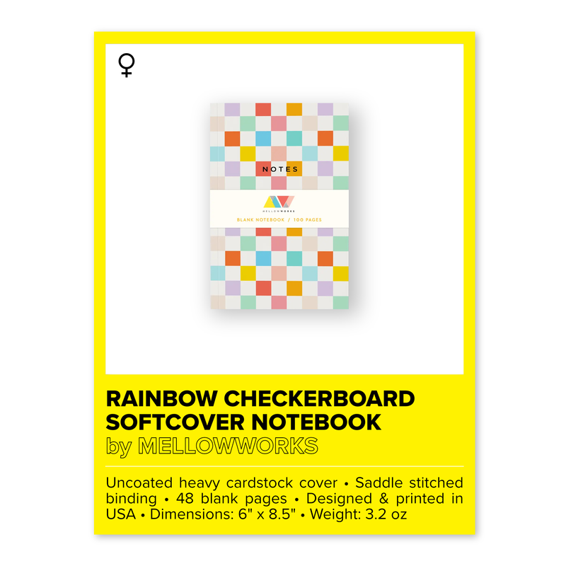 Rainbow Checkerboard softcover notebook by mellowworks.A durable soft touch cover with blank pages is perfect to carry in a bag all day or brighten a desk with the pops of color. Great for everyday note taking, sketching or writing. Makes an ideal gift for any occasion!  Size: 5.5" x 8.5" - 100 Pages - Velvety Soft Touch Cover in matte finish - Perfect Bound Notebook - Individually wrapped in a belly band and packaged in a clear sleeve Designed and printed in the USA