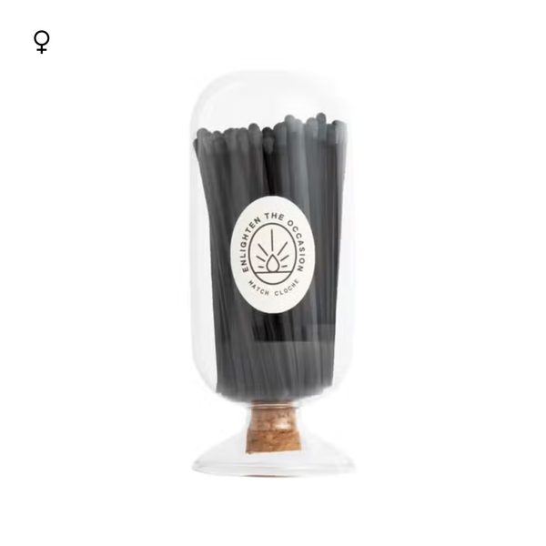 A beautiful clear glass cloche holds black matches. The perfect way to hold you matches and give great style. 
