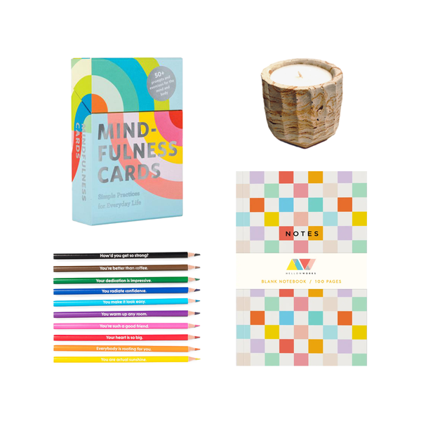 • 1 Set of Mindfulness Cards  • 1 Citrus Agave Candle by Modern & Magical   • 1 Rainbow Checkered Notebook by Melloworks  • 1 Set of Compliments Colored Pencils by Ban.do 