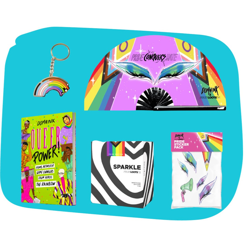 'Queer Power' book by DOM&INK Pride Conquers Hate clack fan by DOM&INK x FRUITLOOTS Sparkle Pride Candle by FRUITLOOTS Pride Sticker Pack by DOM&INK x FRUITLOOTS Rainbow Keychain by Bianca Designs