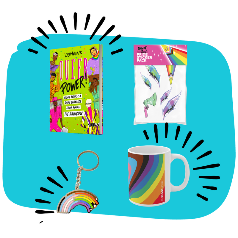 The Fruitloots Pride Collection: 1 'Queer Power' book by DOM&INK  1 Pride Sticker Pack by DOM&INK x FRUITLOOTS 1 Rainbow Keychain by Bianca Designs  1 Infinite Heart Rainbow Pide Mug by FRUITLOOTS